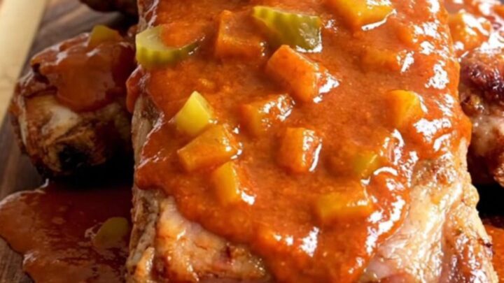 A close-up of Nashville hot country-style ribs served on a wooden board with a thick, spicy butter sauce.