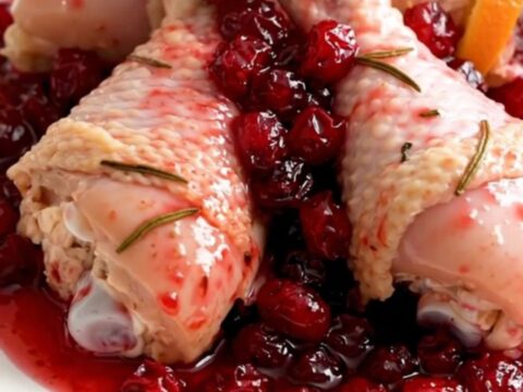 A close-up of slow-cooked chicken drumsticks coated in a glossy, vibrant cranberry and orange sauce on a white plate.