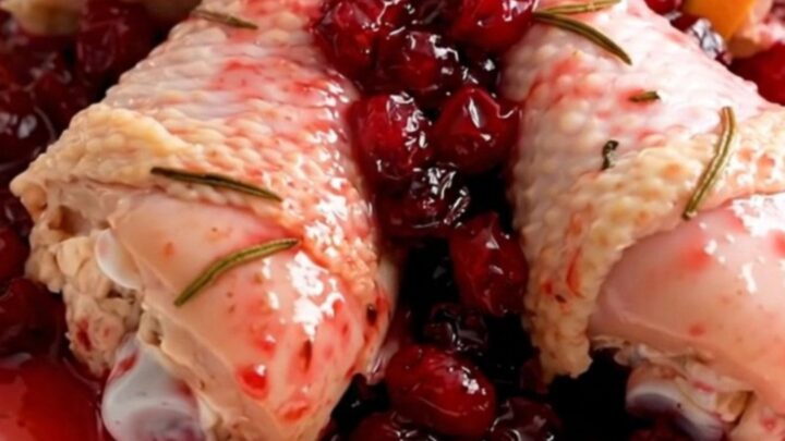 A close-up of slow-cooked chicken drumsticks coated in a glossy, vibrant cranberry and orange sauce on a white plate.
