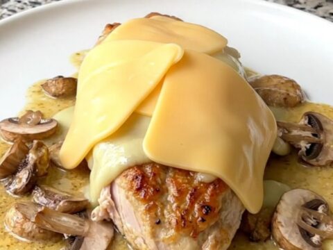 A finished plate of creamy provolone mushroom chicken with a rich, white sauce and melted cheese.