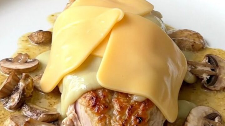 A finished plate of creamy provolone mushroom chicken with a rich, white sauce and melted cheese.
