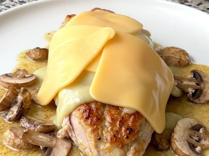 A finished plate of creamy provolone mushroom chicken with a rich, white sauce and melted cheese.
