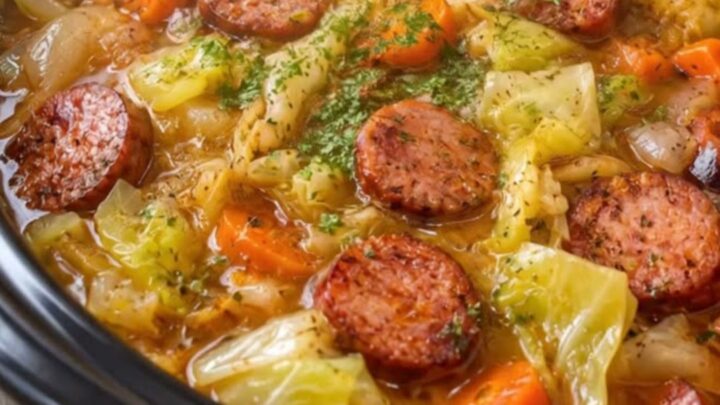 A ladle scooping a hearty stew of cabbage, sliced carrots, and seared sausage from a slow cooker.