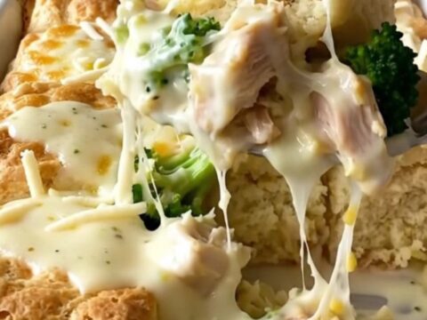 A golden-brown chicken Alfredo biscuit bake in a white ceramic dish on a marble countertop.