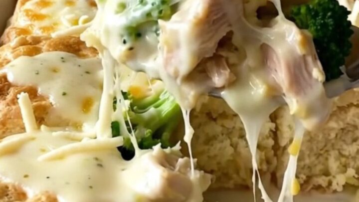 A golden-brown chicken Alfredo biscuit bake in a white ceramic dish on a marble countertop.