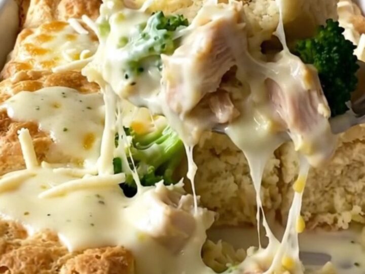 A golden-brown chicken Alfredo biscuit bake in a white ceramic dish on a marble countertop.