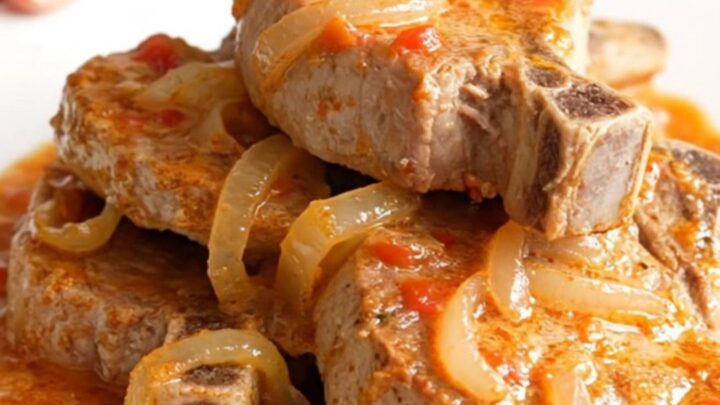 A close-up of tender, braised pork chops covered in a rich, creamy tomato basil sauce on a white plate.