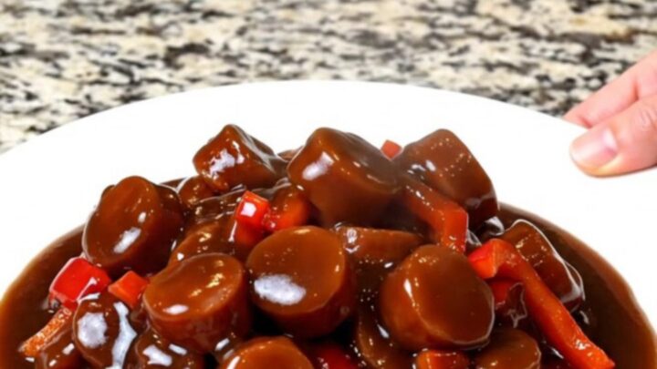 A close-up of slow-cooked smoked sausage coins glazed in a thick, dark General Tso sauce with red bell peppers.