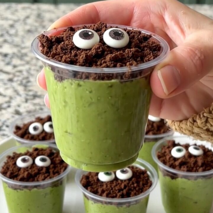 A tray of green pistachio pudding cups topped with cookie crumbs and candy eyes.