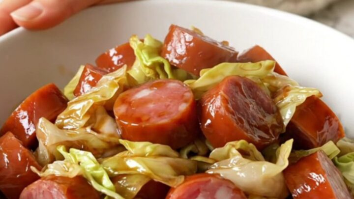 A top-down view of sliced smoked kielbasa and shredded cabbage in a slow cooker insert.