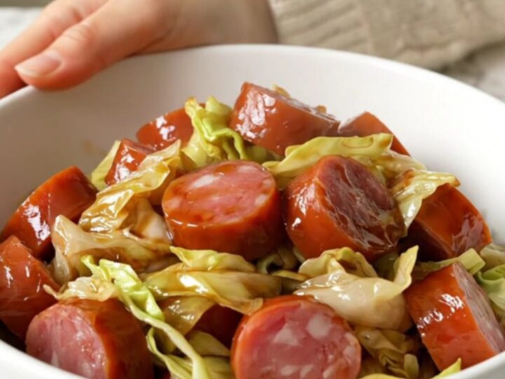 A top-down view of sliced smoked kielbasa and shredded cabbage in a slow cooker insert.