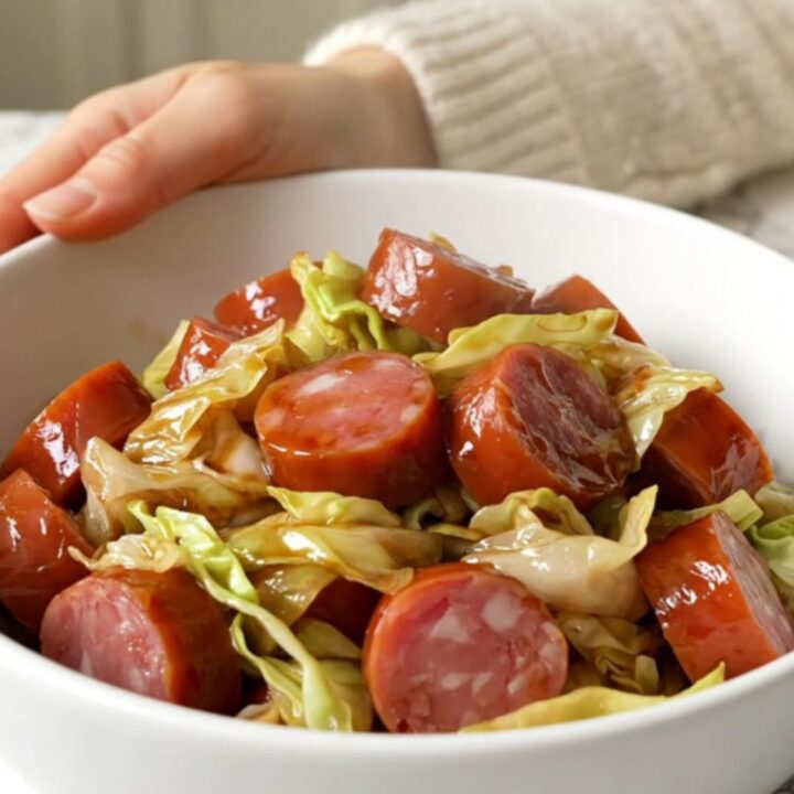 A top-down view of sliced smoked kielbasa and shredded cabbage in a slow cooker insert.