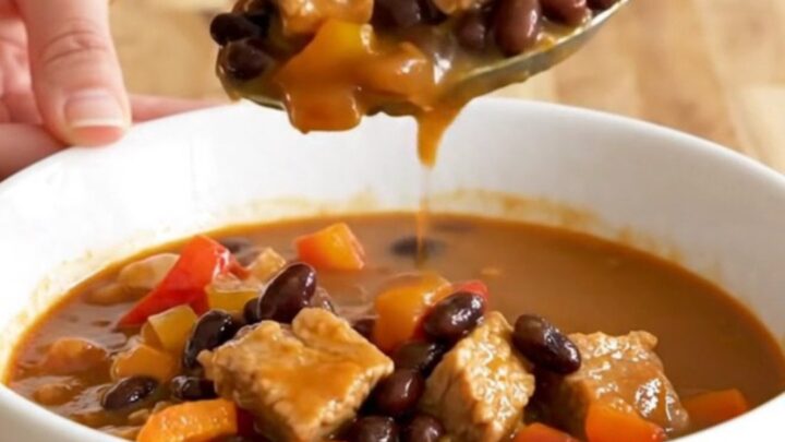 A close-up of a steaming bowl of pork and black bean stew with tender chunks of pork.
