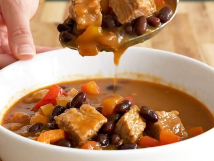 A close-up of a steaming bowl of pork and black bean stew with tender chunks of pork.