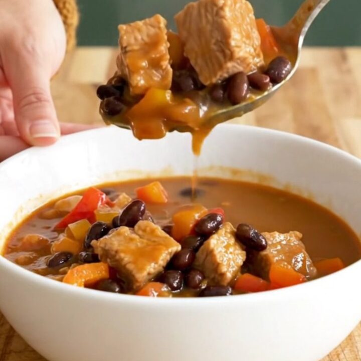 A close-up of a steaming bowl of pork and black bean stew with tender chunks of pork.