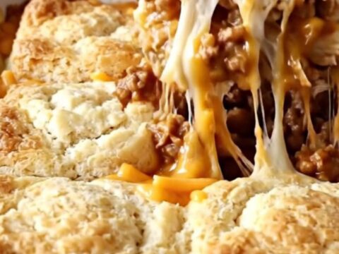 A golden, bubbly sloppy joe biscuit bake in a white ceramic dish on a speckled granite countertop.