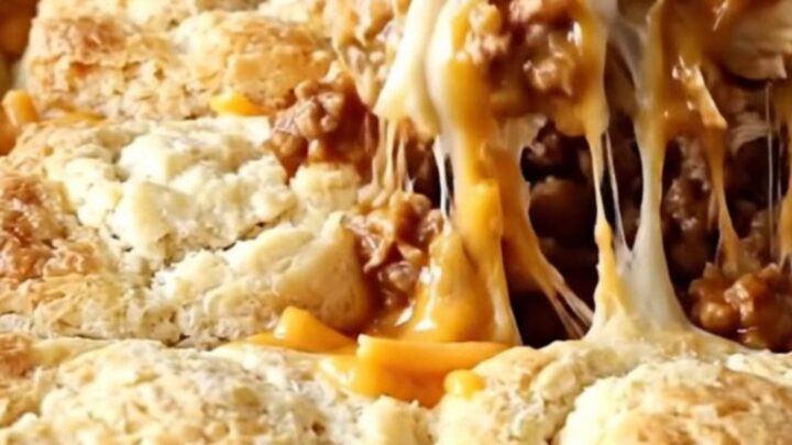 A golden, bubbly sloppy joe biscuit bake in a white ceramic dish on a speckled granite countertop.
