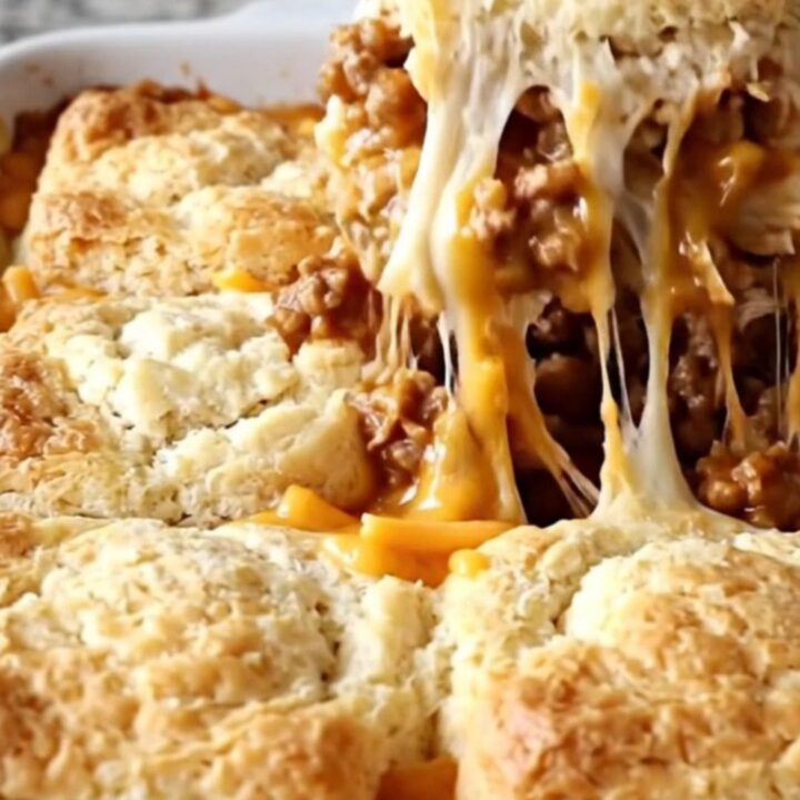 A golden, bubbly sloppy joe biscuit bake in a white ceramic dish on a speckled granite countertop.