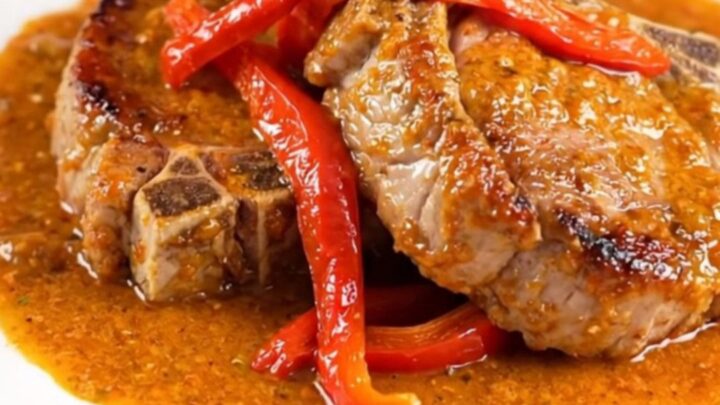 A plate of slow-cooked, tender pork chops smothered in a creamy, vibrant red pepper sauce.