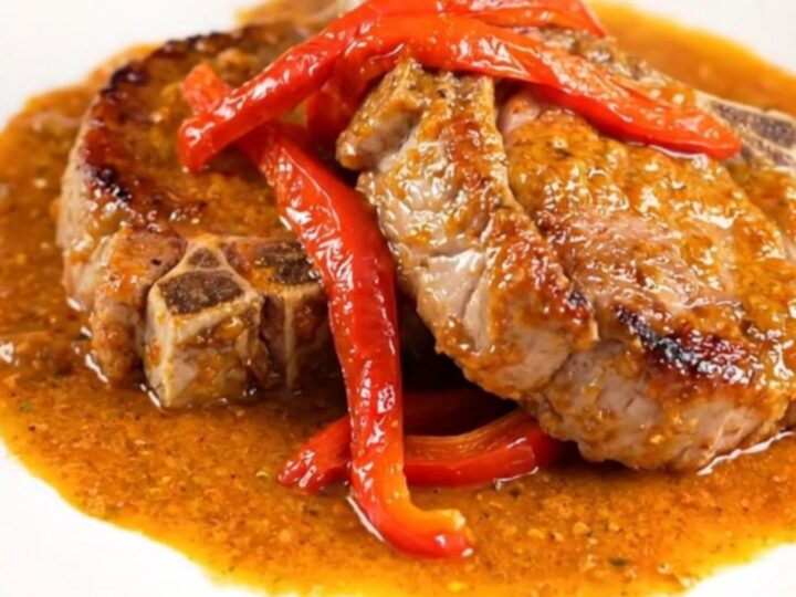 A plate of slow-cooked, tender pork chops smothered in a creamy, vibrant red pepper sauce.