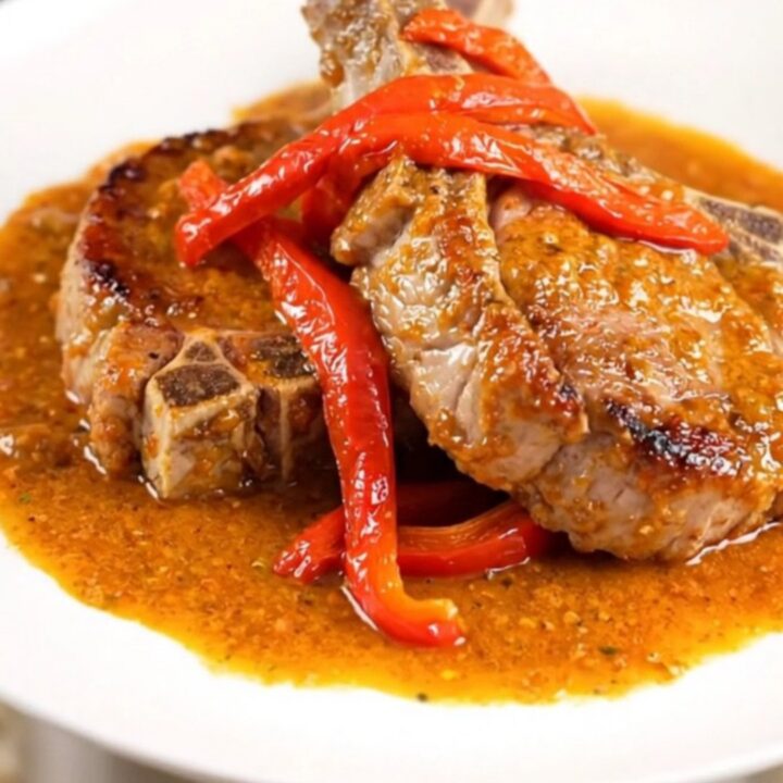 A plate of slow-cooked, tender pork chops smothered in a creamy, vibrant red pepper sauce.