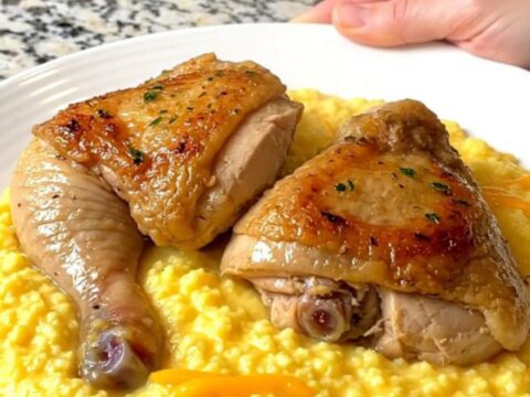 Slow cooker filled with tender chicken thighs and creamy cheddar grits on a speckled granite countertop.