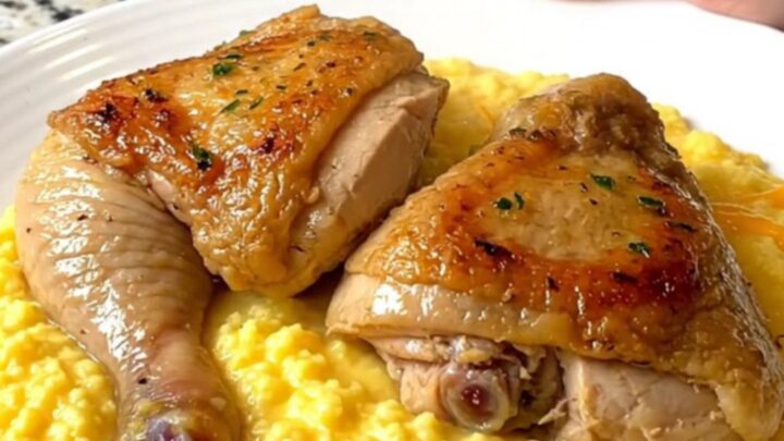 Slow cooker filled with tender chicken thighs and creamy cheddar grits on a speckled granite countertop.