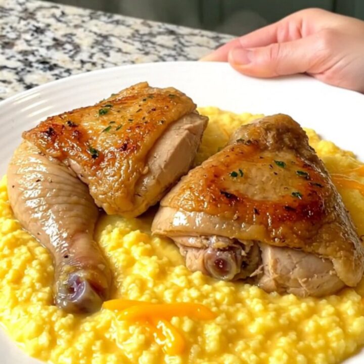 Slow cooker filled with tender chicken thighs and creamy cheddar grits on a speckled granite countertop.