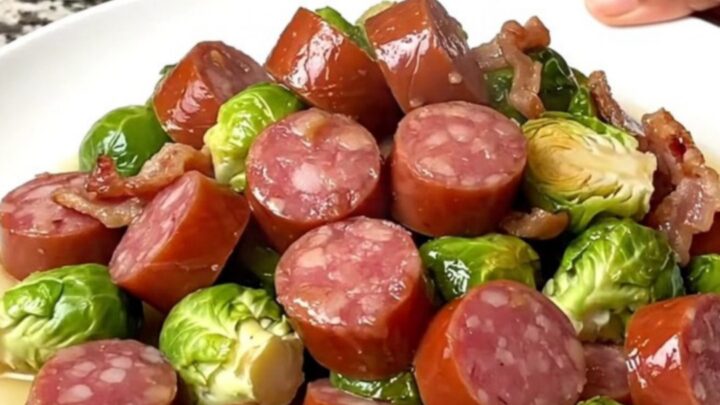 A top-down view of a black slow cooker filled with sliced kielbasa, halved Brussels sprouts, and chopped bacon.
