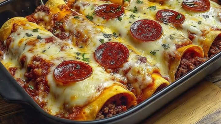A close-up shot of a spatula lifting a cheesy, pepperoni-topped enchilada from a black casserole dish.