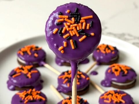 A close-up of purple potion cookie pops on a white plate with a blurred kitchen background.