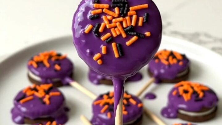 A close-up of purple potion cookie pops on a white plate with a blurred kitchen background.