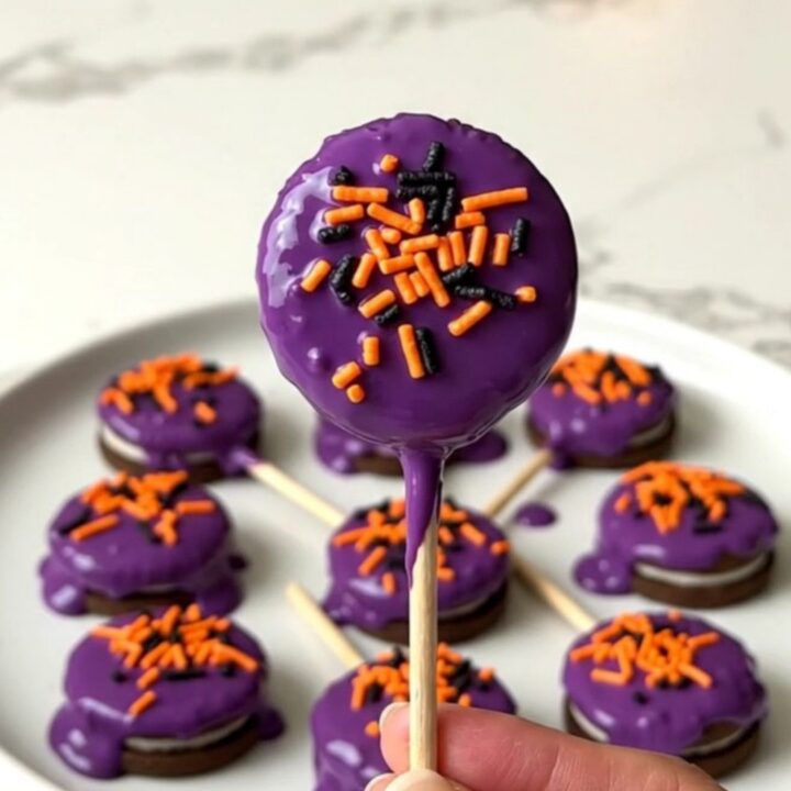 A close-up of purple potion cookie pops on a white plate with a blurred kitchen background.