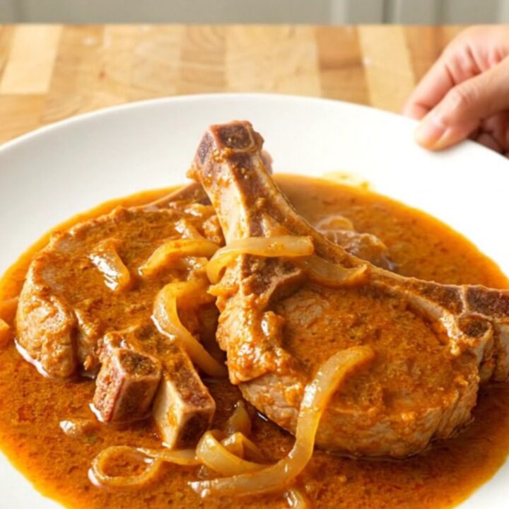 A plate of tender braised pork chops covered in a rich, creamy orange paprika sauce with soft onions.