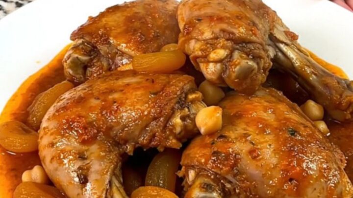 A close-up of slow-cooked Moroccan apricot chicken with chickpeas in a rich tomato sauce.