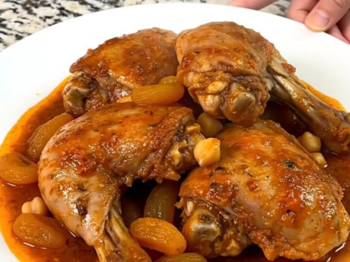 A close-up of slow-cooked Moroccan apricot chicken with chickpeas in a rich tomato sauce.