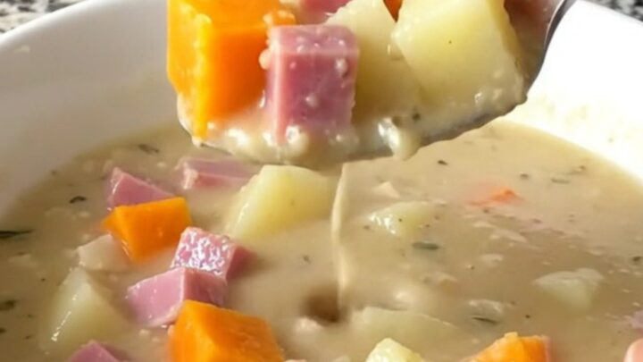 A white shallow bowl filled with creamy slow cooker ham and butternut squash chowder on a granite countertop.