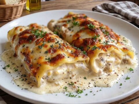 Two golden-brown, cheesy chicken alfredo lasagna rolls on a plate with fresh parsley.