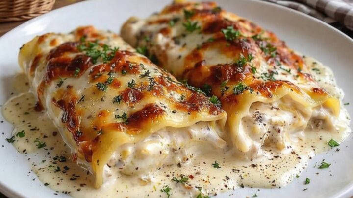 Two golden-brown, cheesy chicken alfredo lasagna rolls on a plate with fresh parsley.