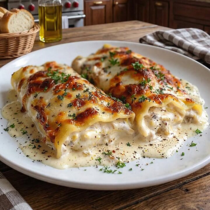 Two golden-brown, cheesy chicken alfredo lasagna rolls on a plate with fresh parsley.