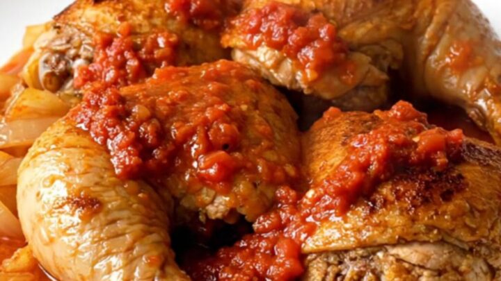 A top-down view of raw chicken thighs, carrots, onions, and harissa sauce in a slow cooker.