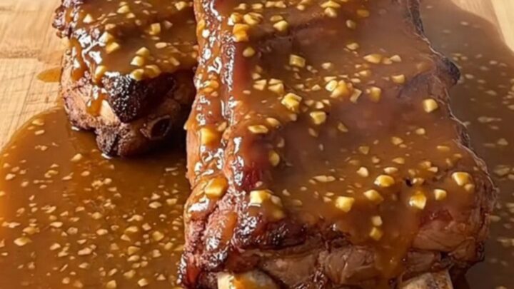 A serving of tender brown sugar garlic country-style ribs served on a wooden board with a glossy sauce.