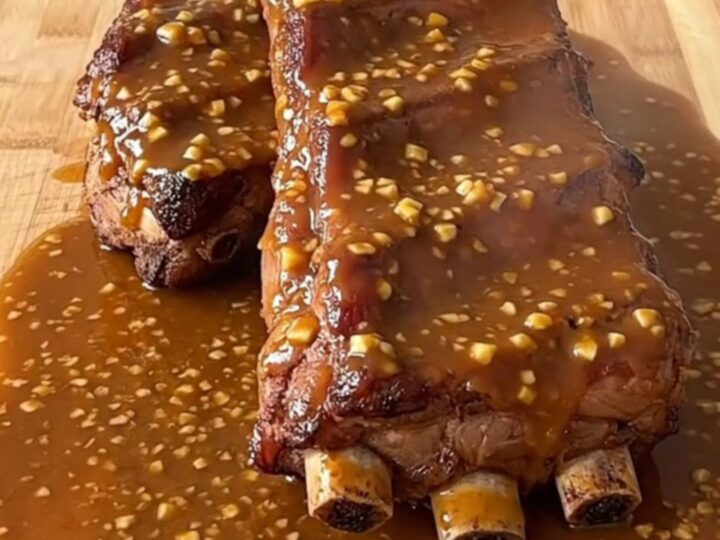A serving of tender brown sugar garlic country-style ribs served on a wooden board with a glossy sauce.