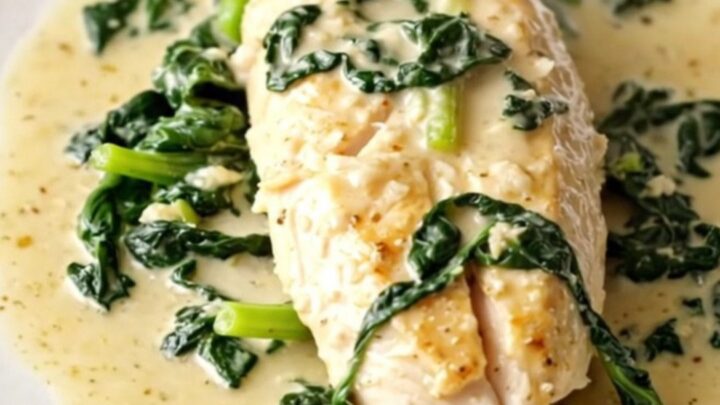 A close-up of tender chicken breasts in a rich, creamy parmesan sauce with wilted spinach.