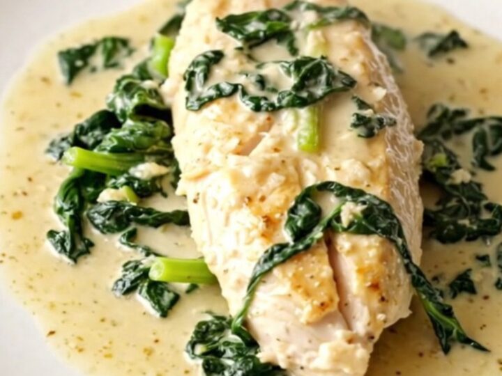 A close-up of tender chicken breasts in a rich, creamy parmesan sauce with wilted spinach.