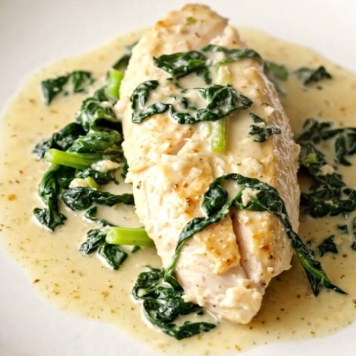 A close-up of tender chicken breasts in a rich, creamy parmesan sauce with wilted spinach.