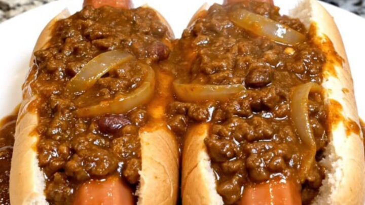 A slow cooker filled with plump hot dogs covered in a thick, hearty chili sauce on a granite countertop.