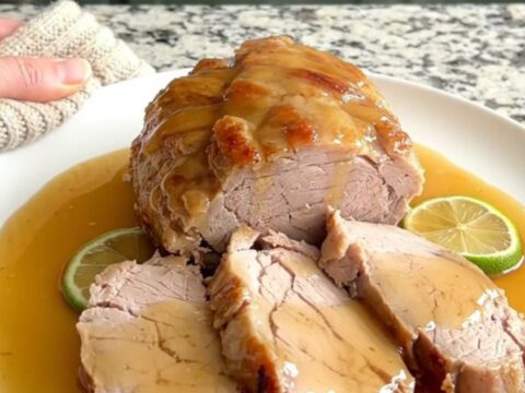 A slow cooker filled with honey lime glazed pork tenderloin and fresh lime rounds on a granite countertop.