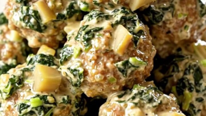 Slow cooker filled with creamy spinach artichoke meatballs on a beige counter.