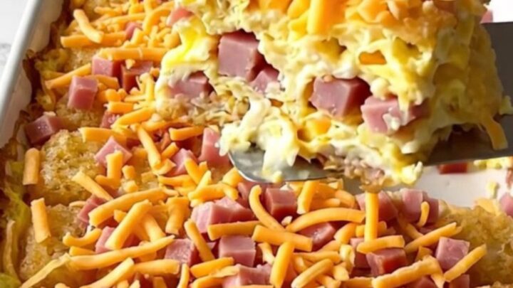 A top-down view of a rectangular ceramic baking dish filled with potato tots, ham, eggs, and melted cheddar cheese.